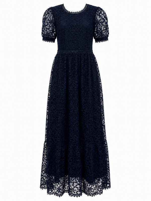【新品DRESS 1004】総レースワンカラーフレアロングドレス ネイビー【VERO MODA】